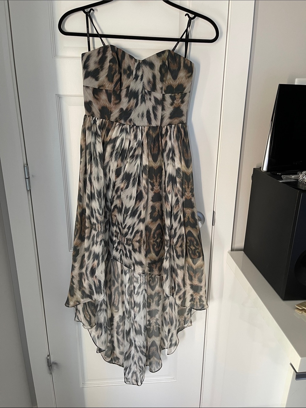 Forever New 100% silk Strapless High-Low Animal Print Dress in Brown and Black